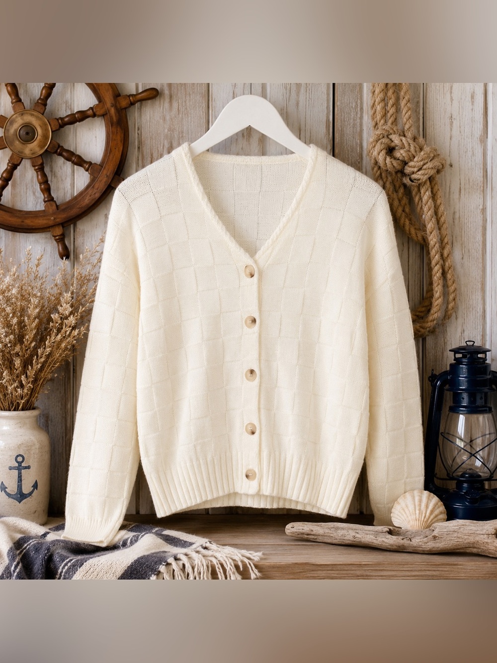 Hem & Thread Ivory Checkered Knit Cardigan NWT Small